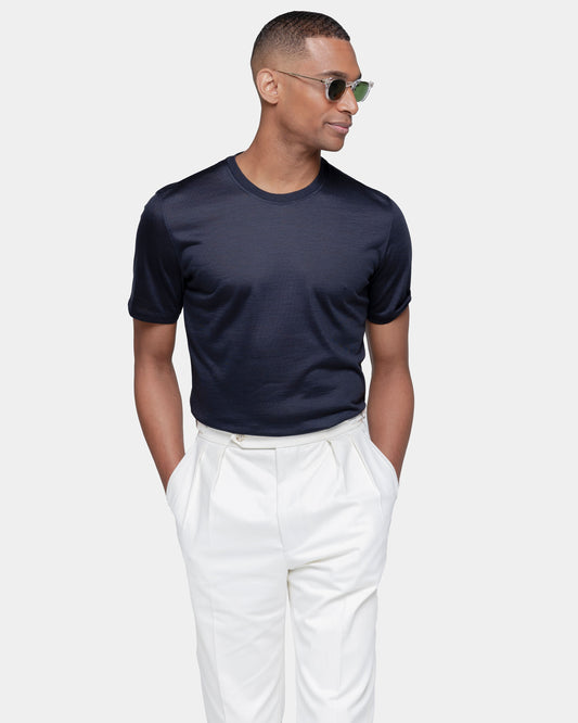 Short sleeve solid color tech T-shirt Blue Extrafine Merino Wool