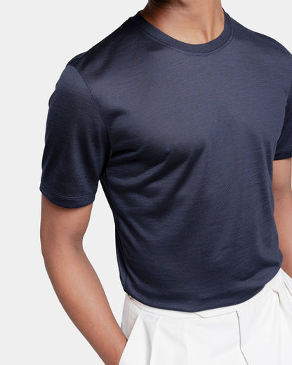 Short sleeve solid color tech T-shirt Blue Extrafine Merino Wool
